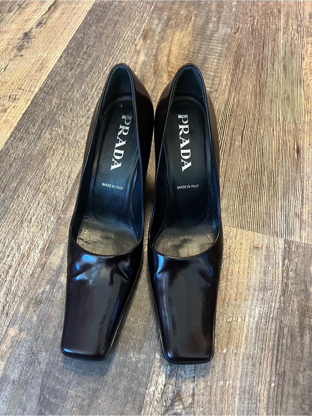 Prada Patent Leather Square-Toe Pumps in Deep Brown-Black